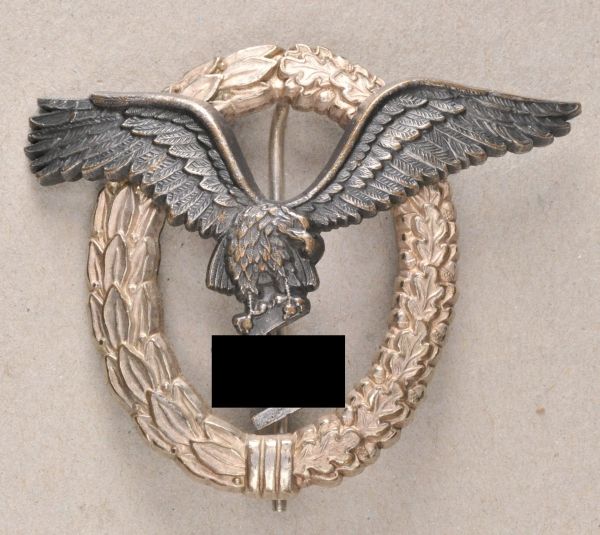 Germany (1933-1945)  Pilots Badge.  Brass, wreath silvered, eagle patinated, riveted, C.E.