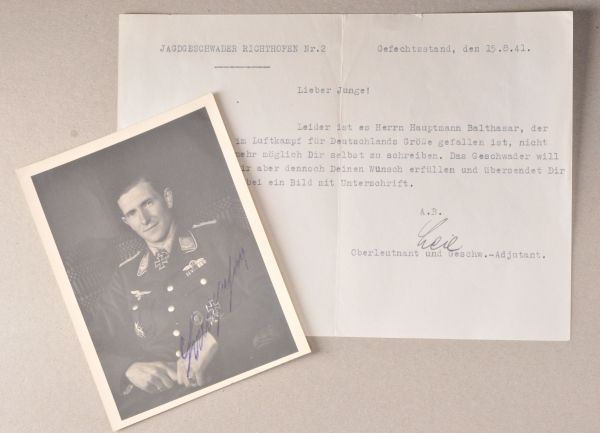 Autographs  Balthasar, Wilhelm.  (2.2.1914-3.7.1941), major of air force, member of the 17th oak