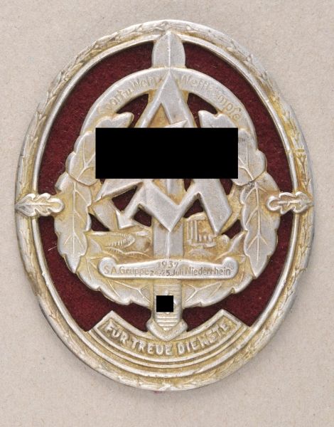 Germany (1933-1945)  Badge of the SA Group Niederrhein, 24.-25. July 1937.  Zinc, silvered, fabric