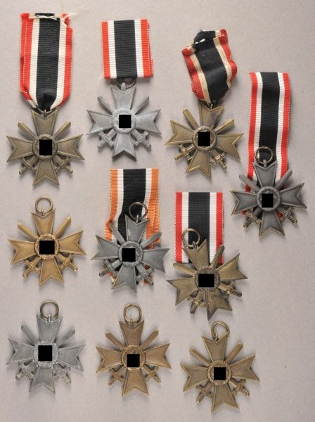 Germany (1933-1945)  Lot of ten war merit crosses, 2nd class with swords.  Sundry, mostly with