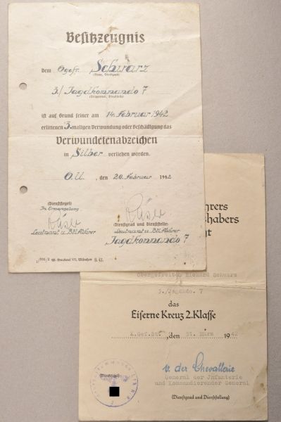 Germany (1933-1945)  Certificate of the lance corporal Richard Schwarz (fighter group 7).  Iron