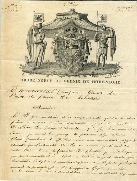 Hohenlohe  Princely Hohenlohescher House- and Phoenix-Order, documents.  - Letter of the Grandmaster