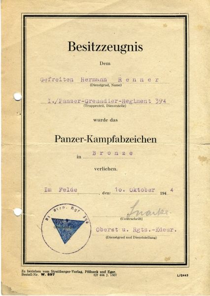 Germany (1933-1945)  Document group of Gefreiter Renner of I./ Panzer-Grenadier-Regiment 394.  -