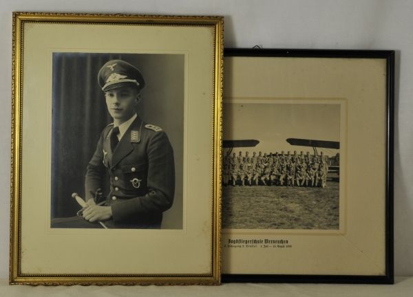 Photo Album  Lot of 2 photos of a Jagdflieger.  1.) Half portrait, studio image with pilots badge