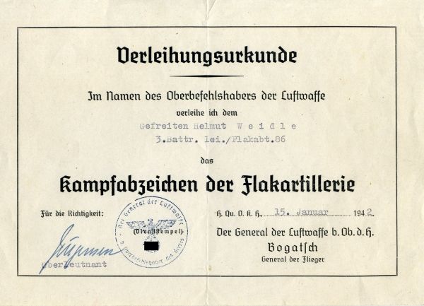 Germany (1933-1945)  Document pair of Obergefreiter Helmut Weidle of 3. Battery, light flak