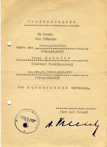 Germany (1933-1945)  Kuban shield document for the Stabsgefreiter Franz Schmitt of 14. (Pz.Jg.)