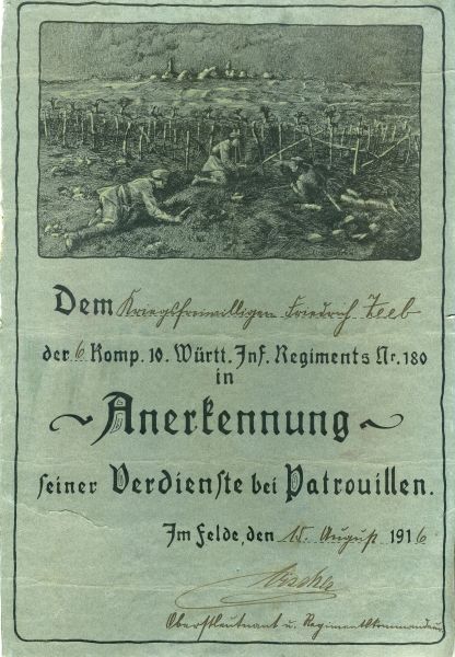 Württemberg  Recognition document for merits in the recon-service of 6./ (10. württ.) Infantery-