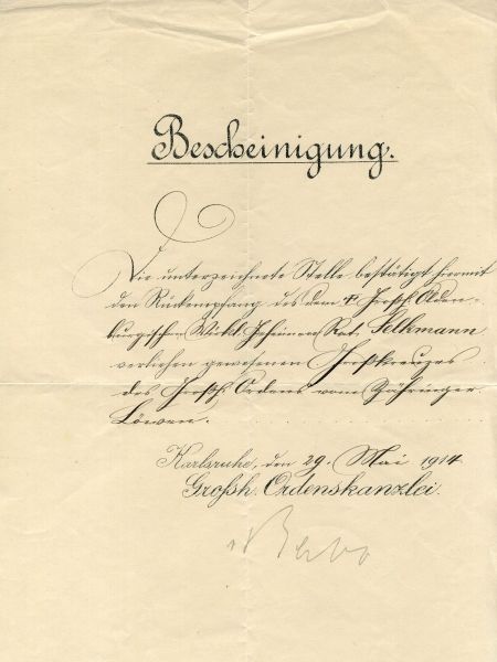 Baden  Grandducal Order of the Zähringen Lion, Grandcross Return document for the oldenburg Wirklich