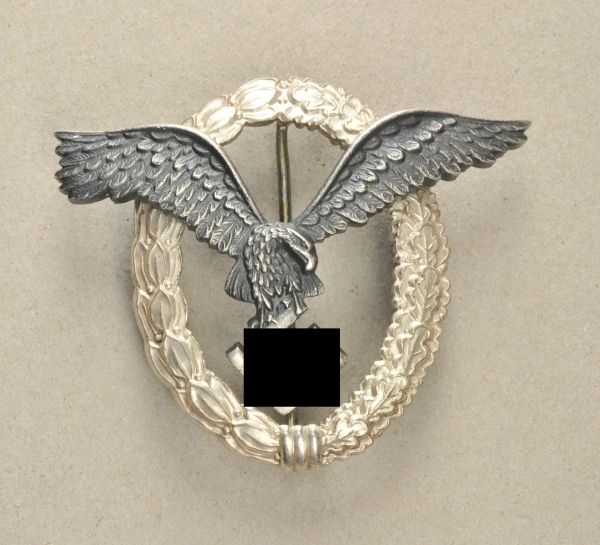 Germany (1933-1945)  Pilots Badge.  Brass, wreath silvered, eagle darkened, twice riveted, reverse