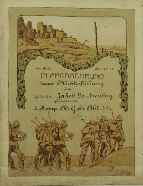 Prussia  Document recognizing meritorious deeds in the field 3./ M.G. Sharpshooting Det. 44 for