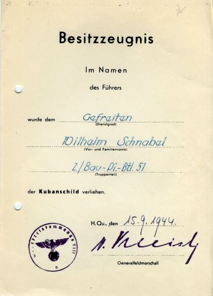 Germany (1933-1945)  Kuban shield document of Gefreiter Wilhelm Schnabel of 2./ Bau-Pionier-Btl. 51.