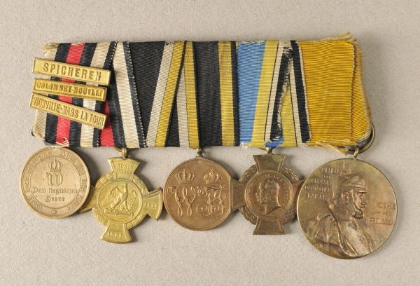 Prussia  Large medalbar with 5 decorations.  1.) War Medal 1870/71, bronce; with battle clasps