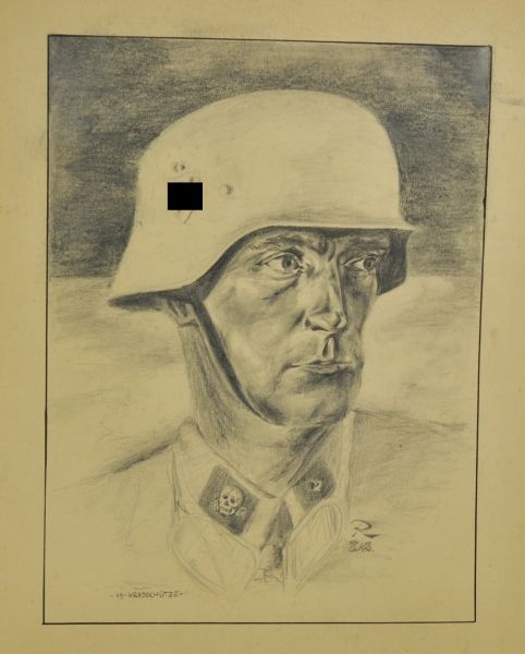 Army  Pencel drawing of an SS-Kradschütze.  Portrait, signed R, dated X. 43. 436 x 337 mm.