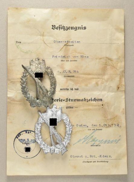 Germany (1933-1945)  Infantery-Assault Badge, in silver with document to Obergefreiter Friedrich von