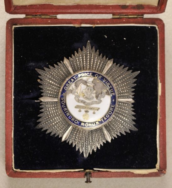 India  Order Sourindro Mohun Tagore, in box.  Silver, partially gilded and enamelled, heavily