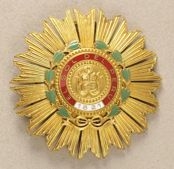 Peru  Order of the sun of Peru, Grandcross star.  Gilded, multiple parts, partially enamelled,