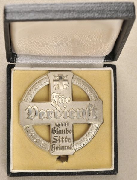 German Empire (1871-1918)  Cross for Merits for Glaube, Sitte and Heimat, in box.  Silvered, on pin;