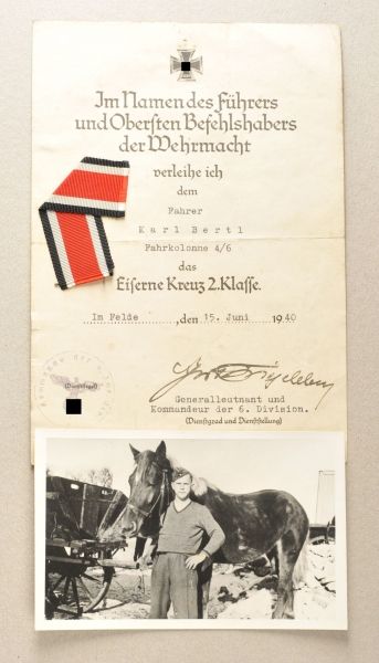 Germany (1933-1945)  Iron Cross, 1939, 2. class document of driver Karl Bertl of Fahrkolonne 4/6.