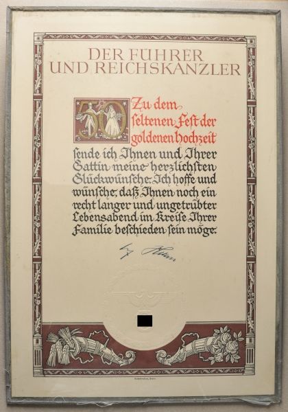 Germany (1933-1945)  Document to the golden wedding.  Colored form, with embossed seal, behind