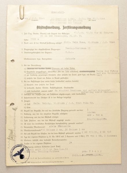 Germany (1933-1945)  Shoot-Down paper for a Boeing-Fortress II by Oblt. Hans Weik of 10./ J.G. Udet.