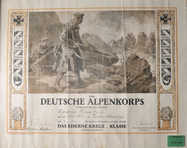 Prussia  Iron Cross, 1914, 2. class document for the Canonier Max Saiez in the Alpenkorps.
