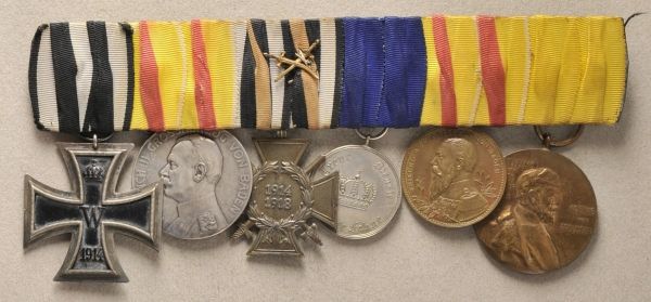 Baden  Large mounted medalbar with 6 decorations.  1.) Prussia: Iron Cross, 1914, 2. class; 2.)