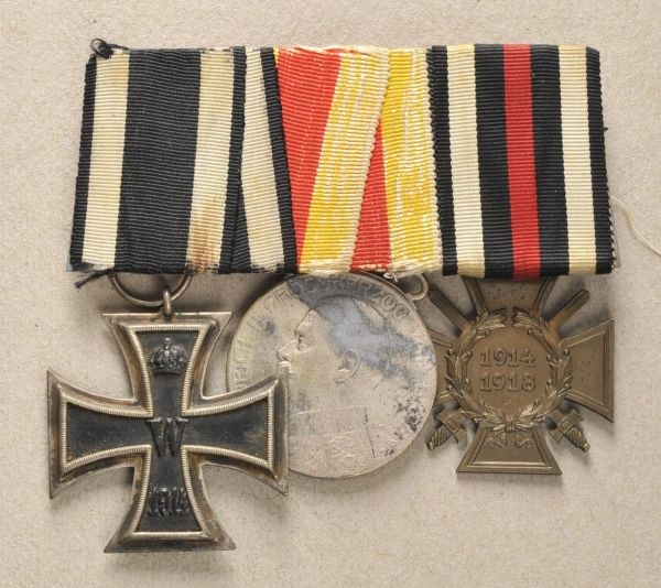 Baden  Large mounted medalbar with 3 decorations.  1.) Prussia: Iron Cross, 1914, 2. class; 2.)