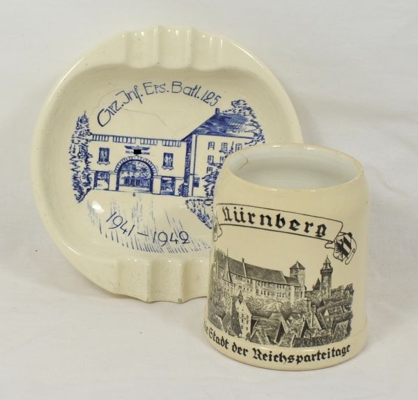 Organizations  Beer stein and ash tray.  1.) Stein: Nürnberg the city of the Reichsparteitages;