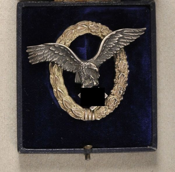 Germany (1933-1945)  Pilots Badge, in box.  Brass, wreath silvered, eagle patinated, twice