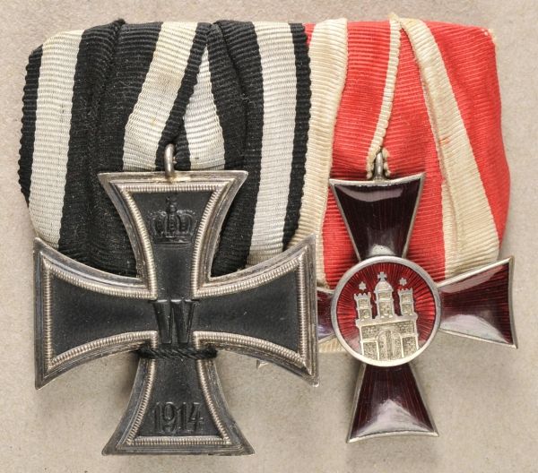 Hamburg  Hamburg: Large mounted medalbar with 2 decorations.  1.) Prussia: Iron Cross, 1914, 2.