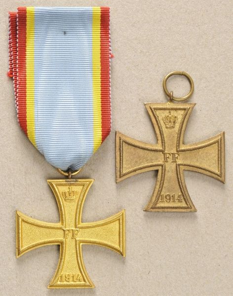 Mecklenburg-Schwerin  Lot of 2 Military Merit Crosses, 1914, on ribbon.  Various styles.  Condition: