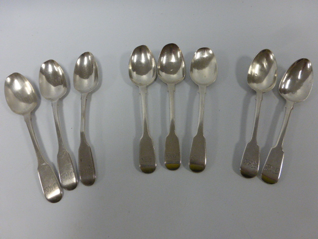 Eight Georgian silver teaspoons, three hallmarked London 1830 by maker Richard Britton, three London