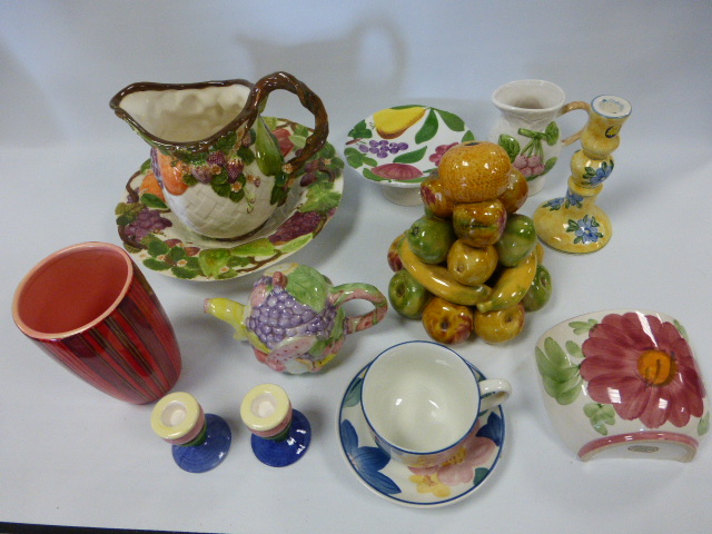 Collection of ceramics with embossed fruit decoration, including large jug & bowl, together with