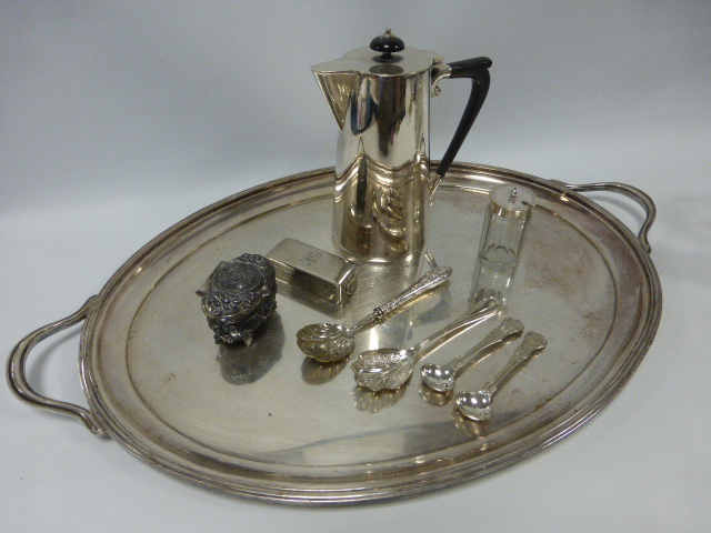 A large Atkin Bros. silver plated twin handled tray, Mappin & Webb coffee pot and other silver