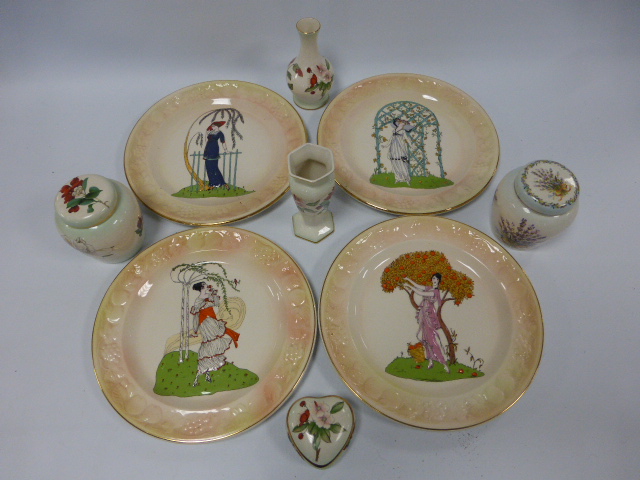 Royal Worcester Palissy wares, inc four plates showing stylish ladies, matching vases, ginger jar &