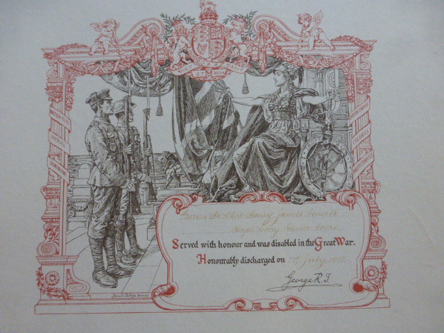 WWI Honourable discharge certificate for private Harry James Hewitt, Royal Army Service Corps,