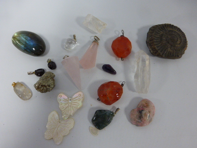 Collection of semi-precious stone set as pendant, together with other Geological specimens