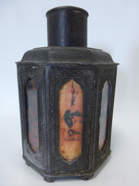 A Chinese pewter tea caddy with reverse painted glass panels, character marks to base, 18cms in