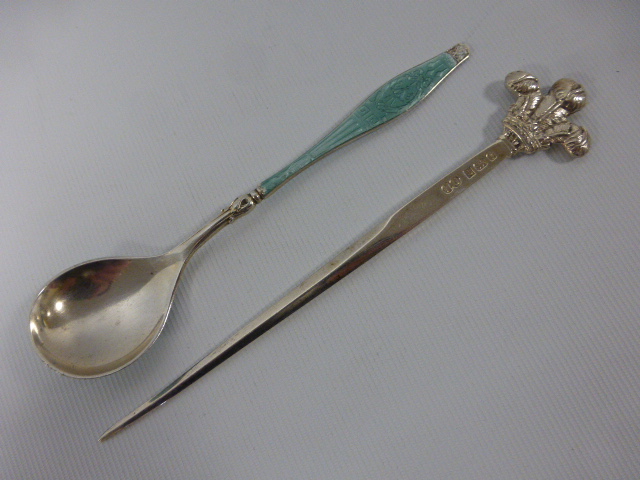 A Norwegian silver and Guilloche enamel spoon, together with a silver letter opener with a plume of