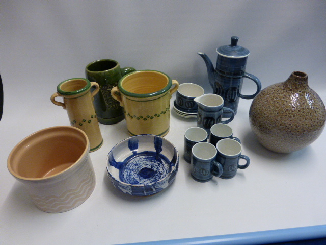 Rye Cinque Ports Pottery coffee set - coffee pot, sugar bowl, cream jug, four cups & saucers,