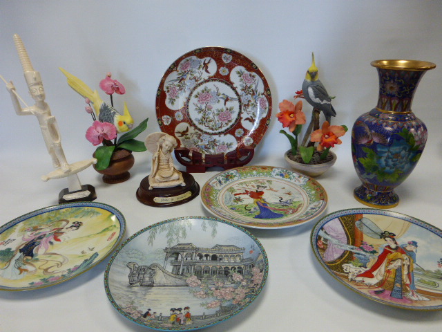 A 25cm Cloisonne vase, two Danbury Mint `Colourful Cockatiels` with certificates and a collection