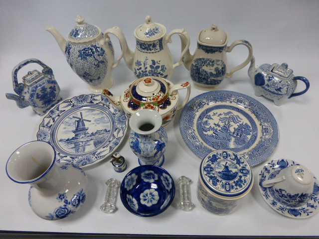 Collection of blue & white ceramics inc three coffee pots, elephant teapot, etc