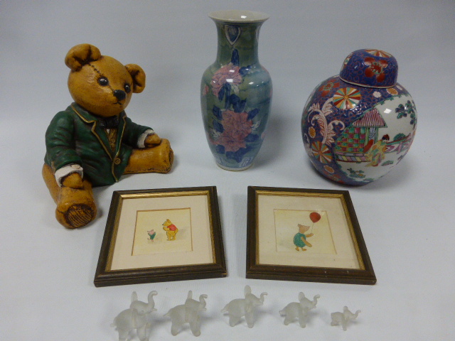 Oriental large ginger jar & vase, family group of five glass elephants, large seated ceramic Teddy