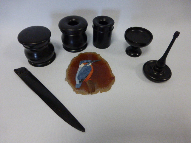 A collection of Ebony items together with a slice of Agate painting of a Kingfisher, signed J.Bonas