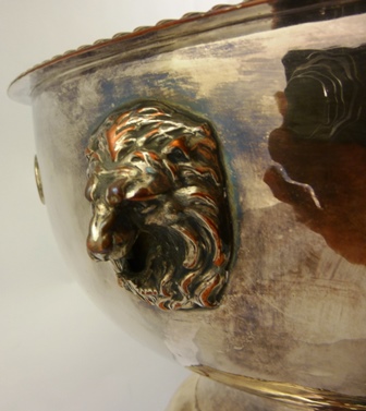 A MID 20th CENTURY ELECTRO-PLATE ON COPPER PUNCH BOWL having gadroon rim, lion mask and coin inset - Image 2 of 3