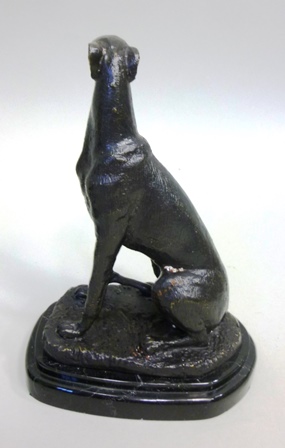 A SUITE OF THREE CAST AND PATINATED 20TH CENTURY MODELS OF GREYHOUNDS, a pair seated and one - Image 4 of 7