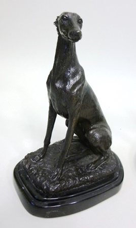 A SUITE OF THREE CAST AND PATINATED 20TH CENTURY MODELS OF GREYHOUNDS, a pair seated and one - Image 2 of 7
