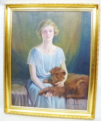 JOSEPH EDWARD HENNAH Portrait Study of a Lady with pet Dog on her lap, Oil on canvas, signed 75 x