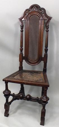 AN EARLY 20TH CENTURY CAROLEAN STYLE CHAIR having shaped crest rail, turned uprights, cane centre, - Image 2 of 4