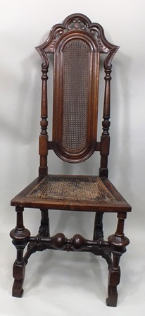 AN EARLY 20TH CENTURY CAROLEAN STYLE CHAIR having shaped crest rail, turned uprights, cane centre, - Image 4 of 4